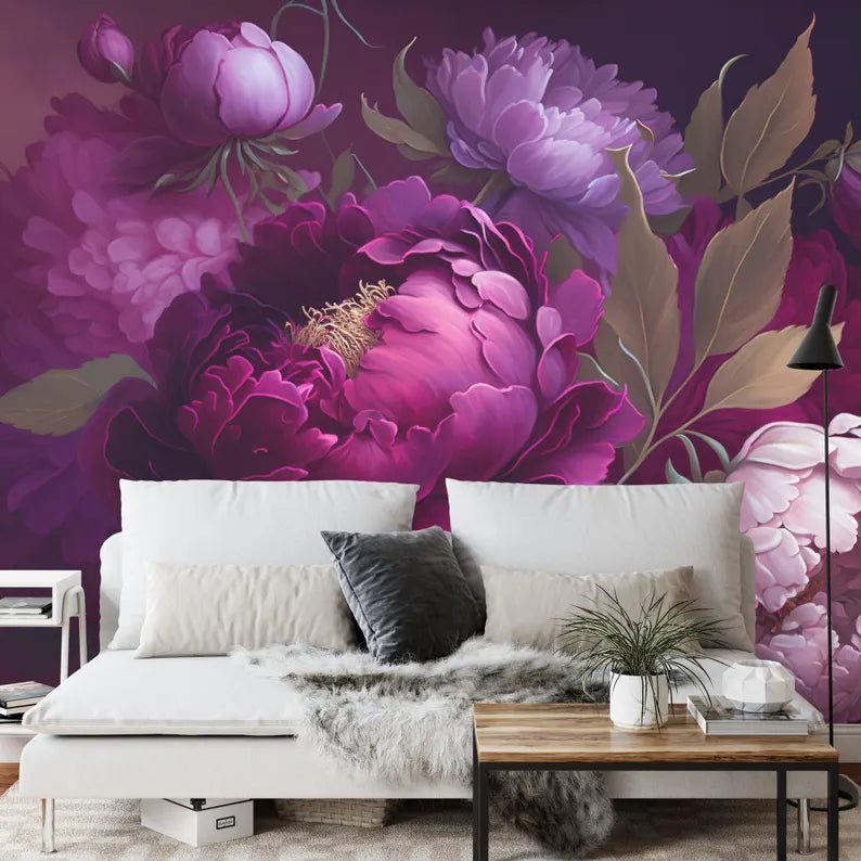 Baroque Peonies Wallpaper Mural, Rich Deep Colors