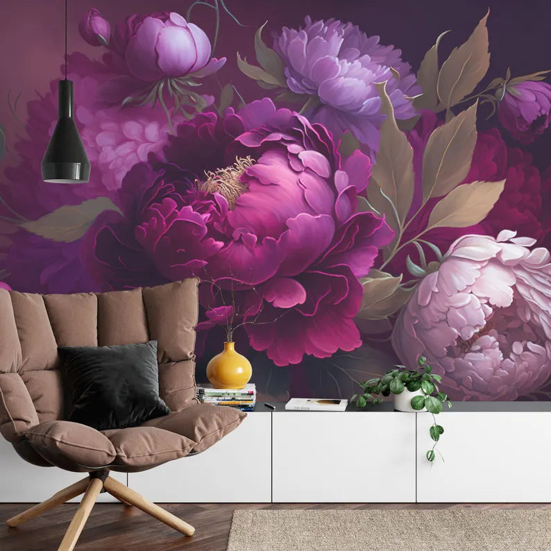 Baroque Peonies Wallpaper Mural, Rich Deep Colors