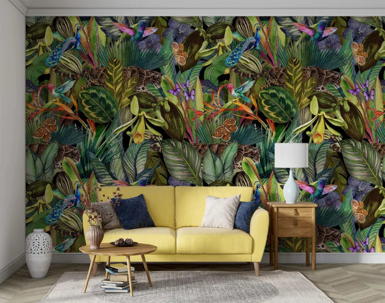 Watercolor tropical jungle wallpaper mural with layered palm leaves creating depth and dimension
