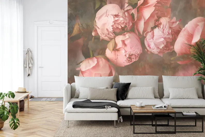 Vintage baroque peony wallpaper featuring lush pink flowers and green foliage
