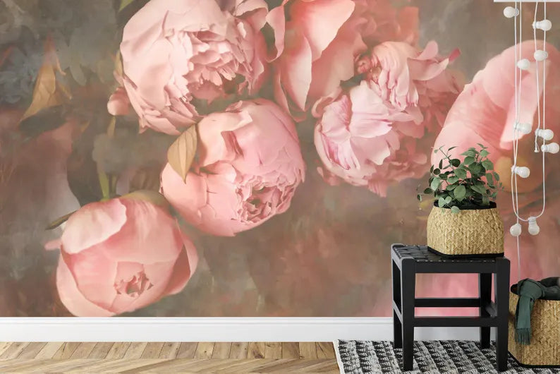 Elegant baroque floral mural with oversized peony blooms in soft pink tones
