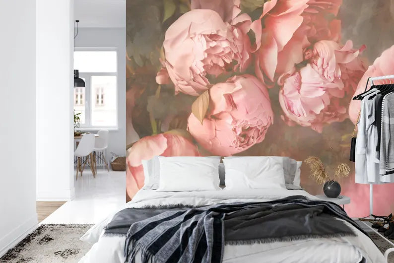 Dark moody baroque wallpaper with romantic pink peonies and botanical details
