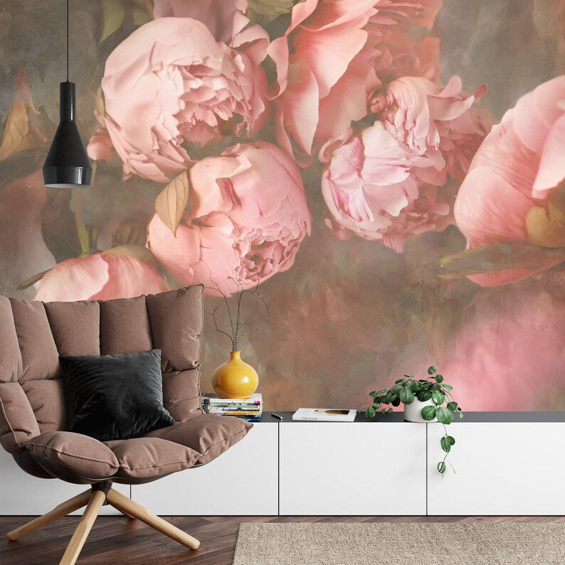 Baroque Peony Flower Wallpaper Mural, Rich Deep Colors