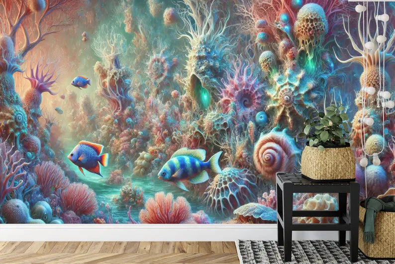 Ocean-themed wall mural showcasing underwater coral garden with tropical fish swimming through reef
