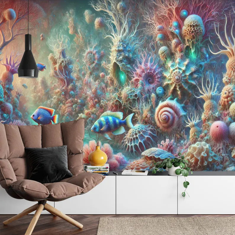 Premium quality coral reef wallpaper mural bringing underwater seascape into interior spaces
