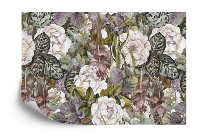 Premium tropical botanical wallpaper mural with exotic flowers and leaves
