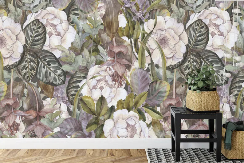 Peel and stick tropical flowers wallpaper mural in living room setting
