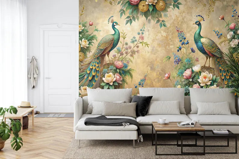Peacock and Floral Garland Wall Mural