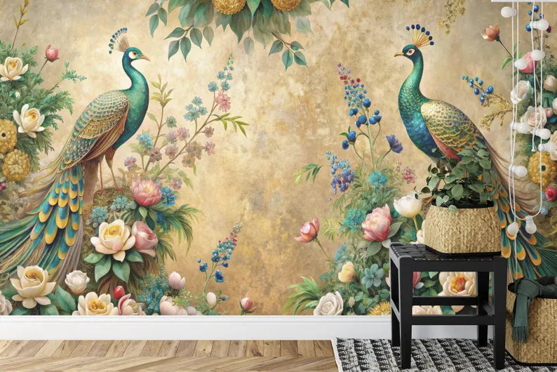 Peacock and Floral Garland Wall Mural