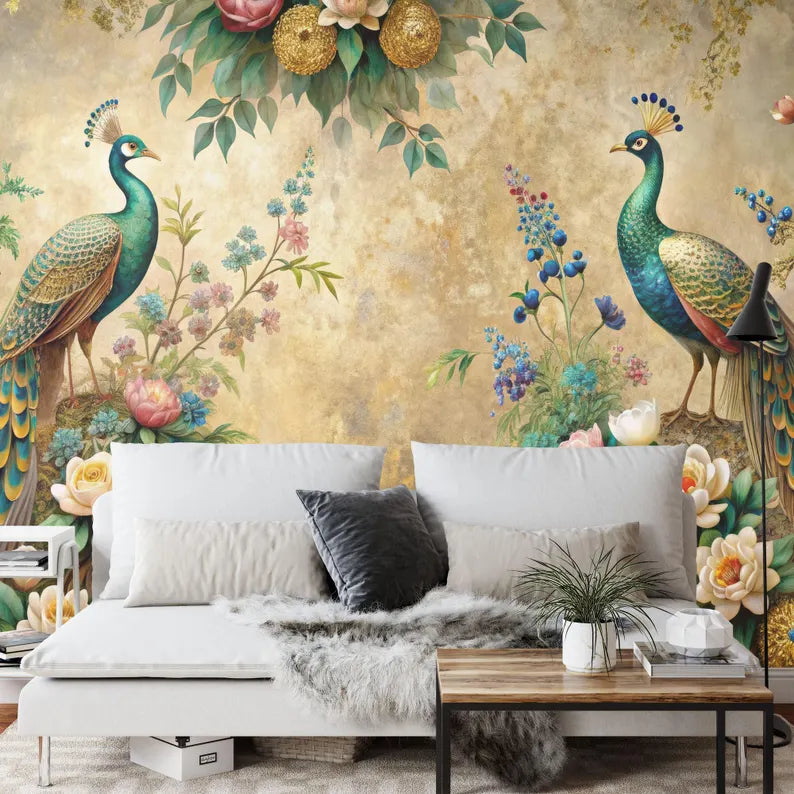 Peacock and Floral Garland Wall Mural