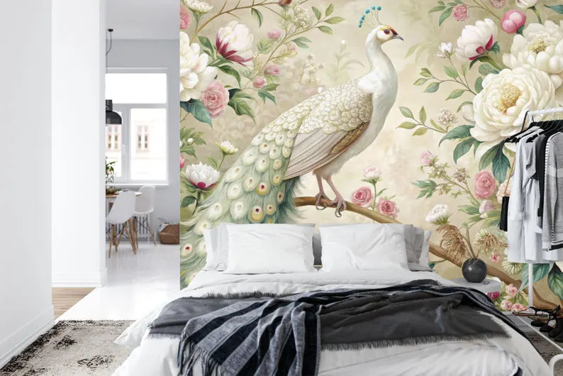 White peacock wallpaper mural installation example in modern interior
