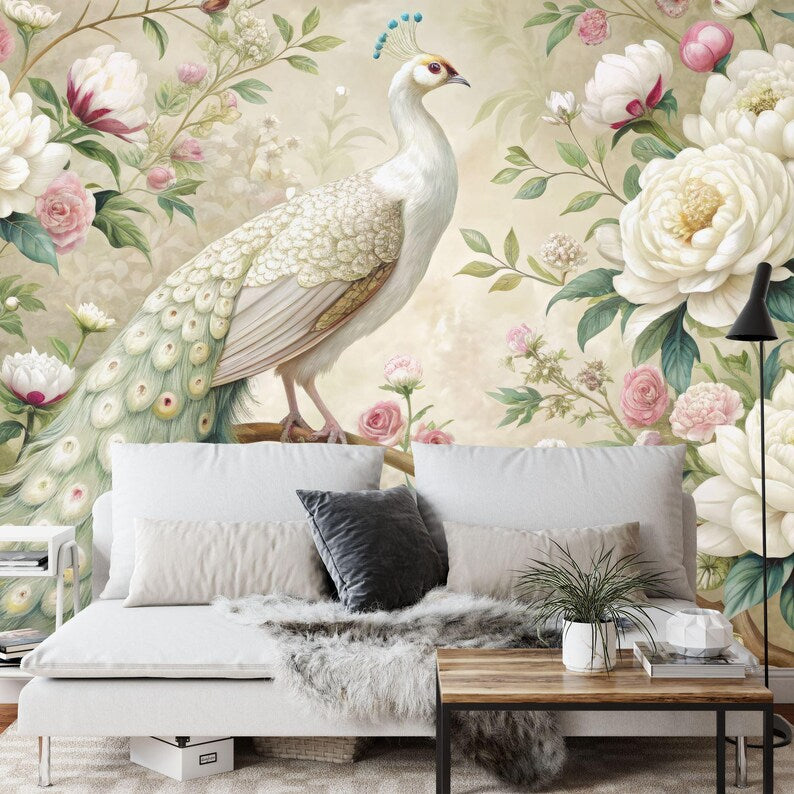 White Peacock Wallpaper Mural, Floral Garland Gift