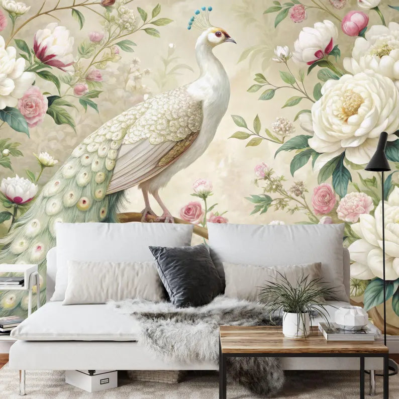 Floral garland and peacock wallpaper design showing full pattern repeat
