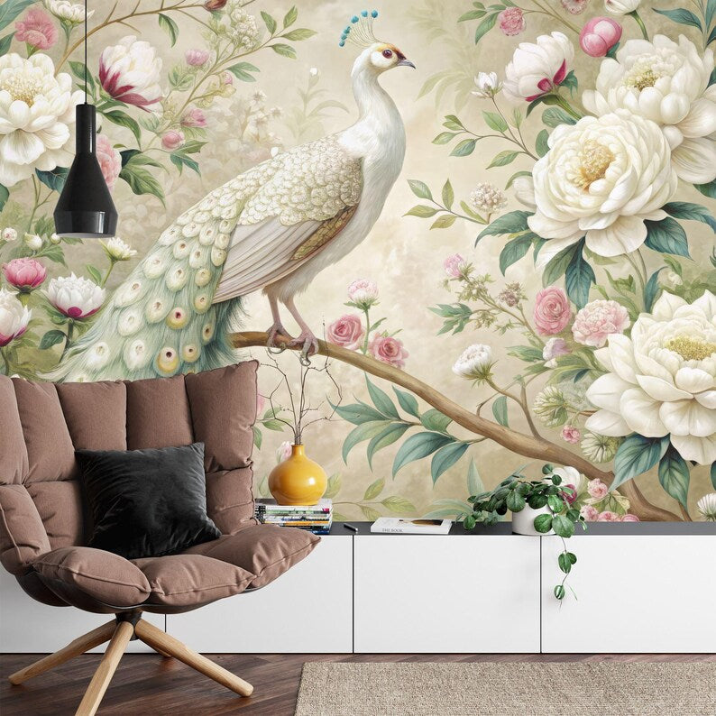 White Peacock Wallpaper Mural, Floral Garland Gift