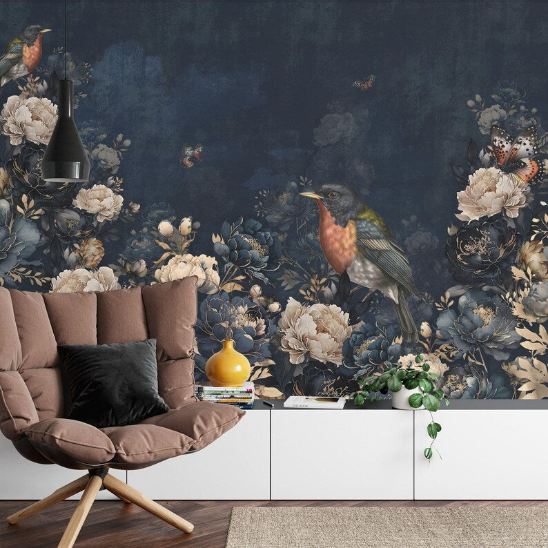 Vintage Chinoiserie Mural | Birds, Flowers, Trees Art Print