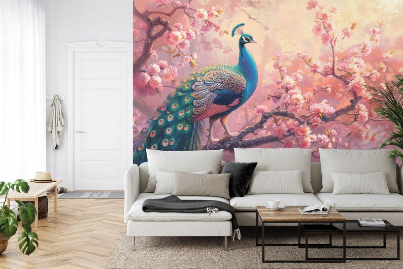 Peacock Wallpaper Mural, Vintage Flowers Branches Gift