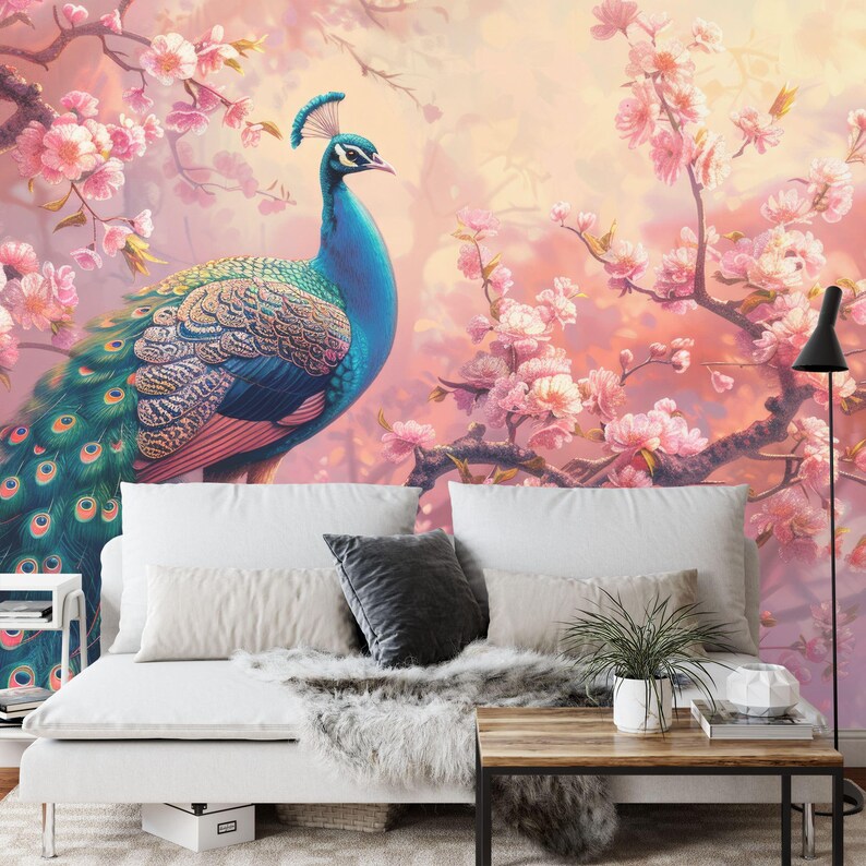 Peacock Wallpaper Mural, Vintage Flowers Branches Gift