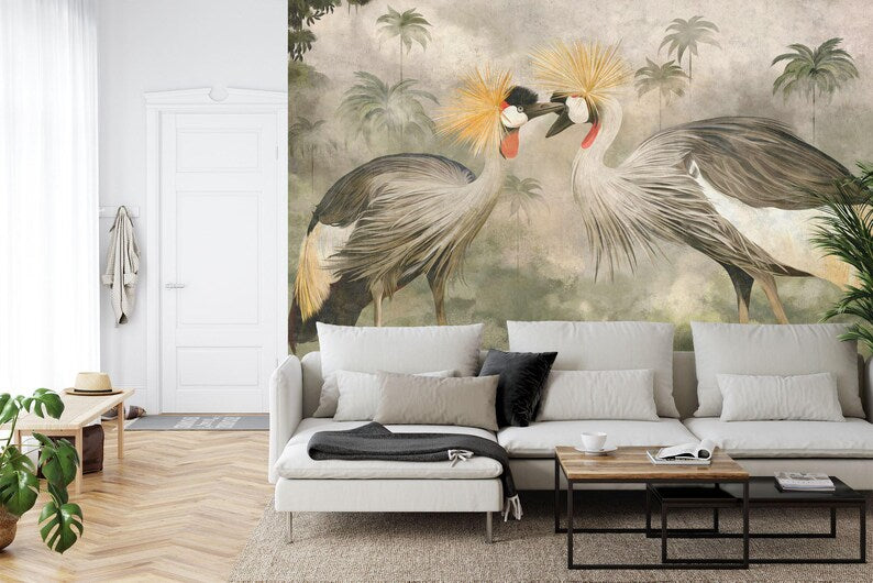 African Crowned Crane Wallpaper Mural, Tropical Forest Art Print