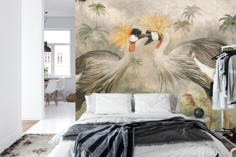 African Crowned Crane Wallpaper Mural, Tropical Forest Art Print