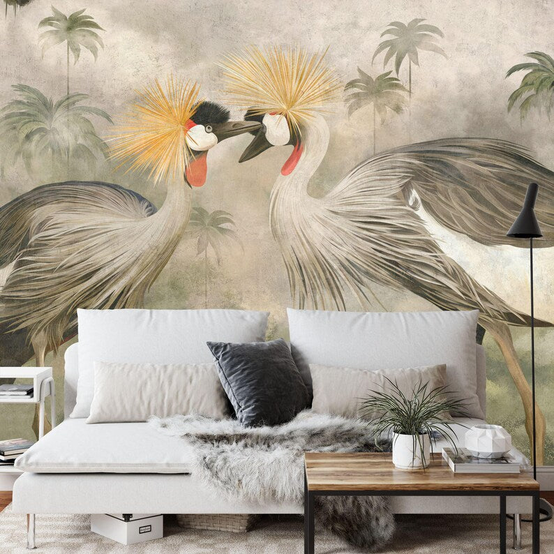 African Crowned Crane Wallpaper Mural, Tropical Forest Art Print