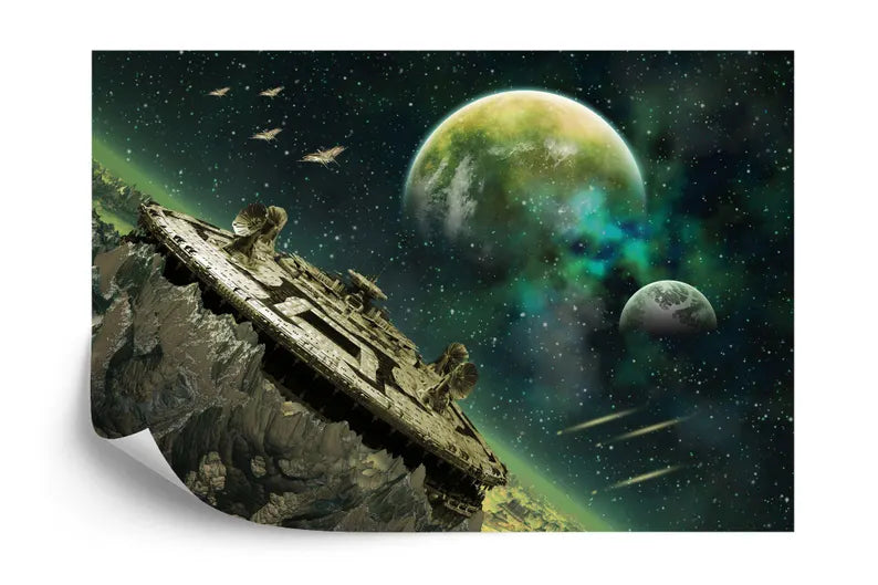 Green Alien Planet Wallpaper Mural, Sci-Fi Space Station