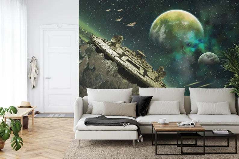 Green Alien Planet Wallpaper Mural, Sci-Fi Space Station