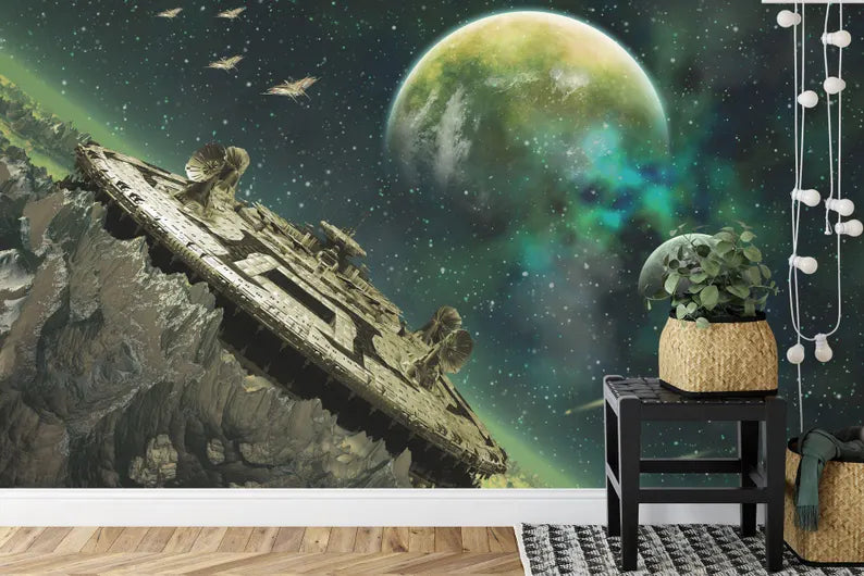 Green Alien Planet Wallpaper Mural, Sci-Fi Space Station