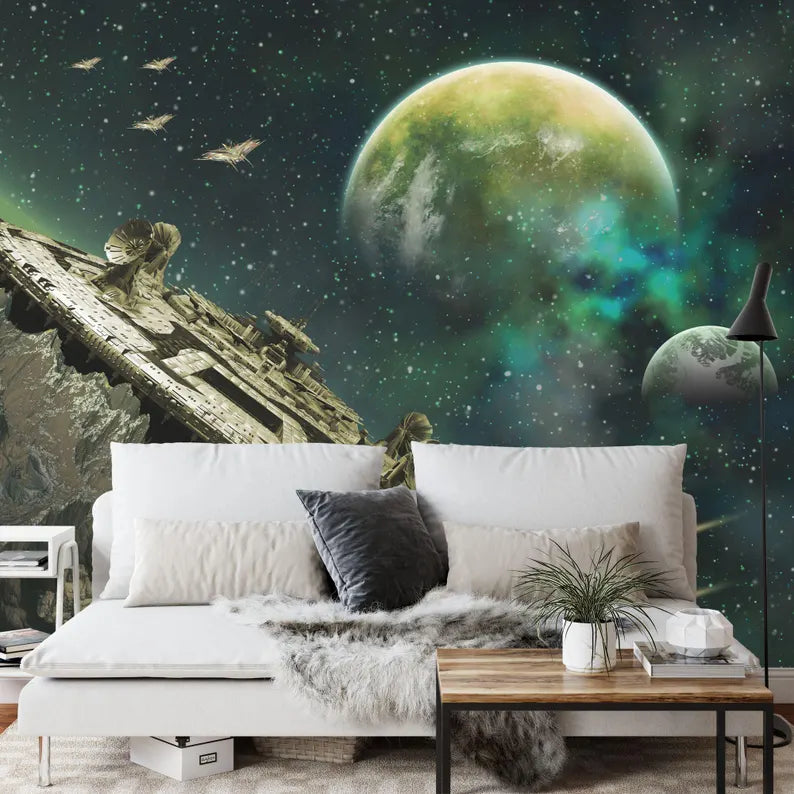 Green Alien Planet Wallpaper Mural, Sci-Fi Space Station