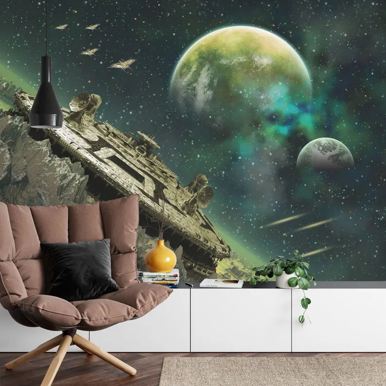 Green Alien Planet Wallpaper Mural, Sci-Fi Space Station