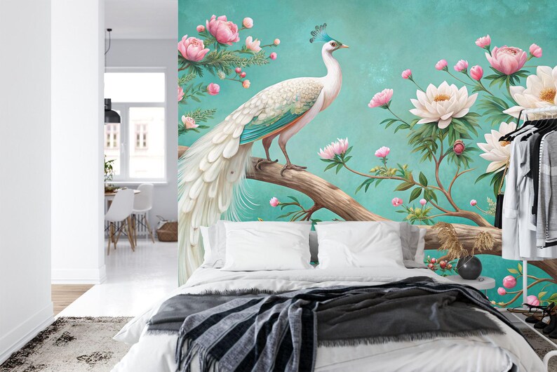 White Peacock Floral Garden Mural Wallpaper