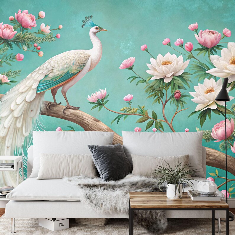 White Peacock Floral Garden Mural Wallpaper
