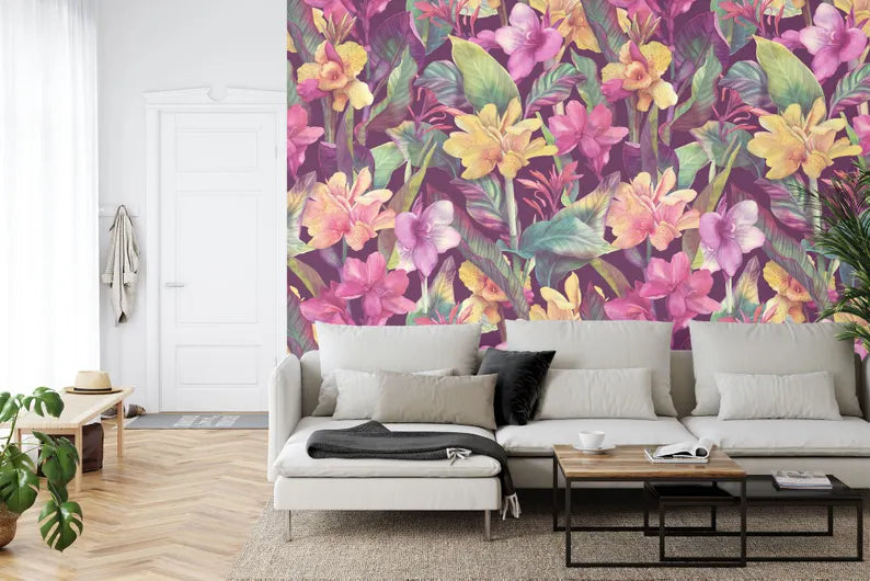 Tropical Flowers Wallpaper Mural, Watercolor Floral Wall Decal