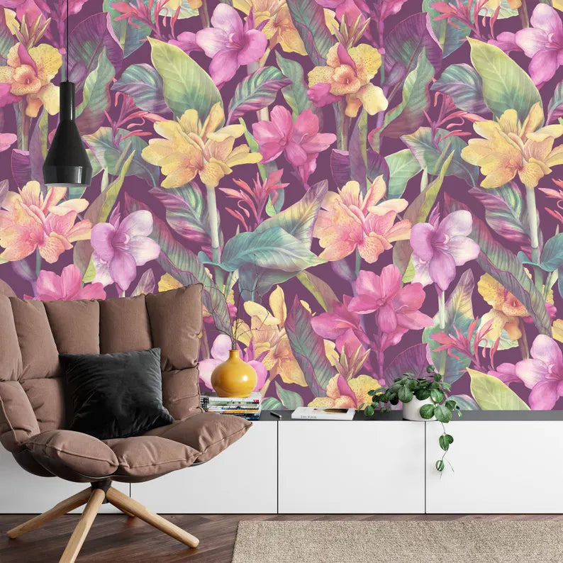 Tropical Flowers Wallpaper Mural, Watercolor Floral Wall Decal