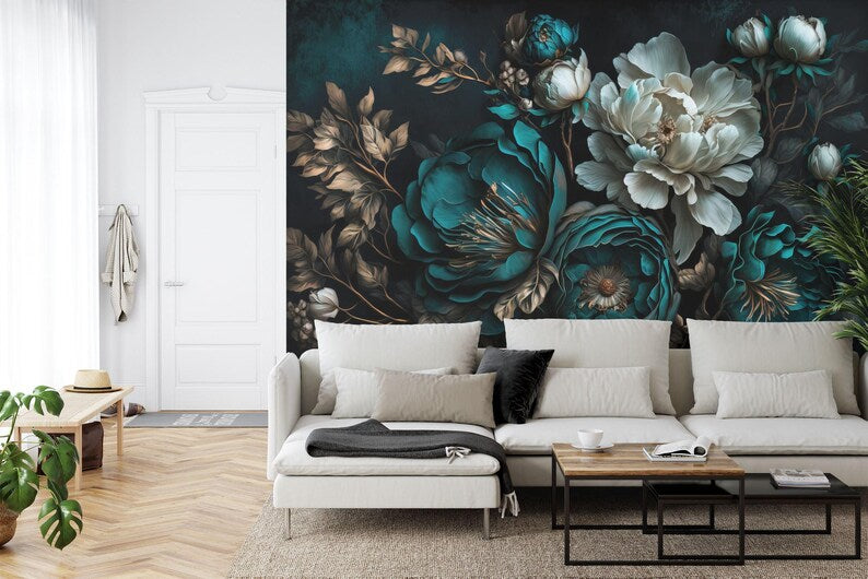 Baroque Peony Flower Wall Mural, Rich Colors