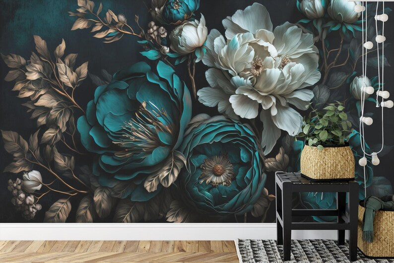 Baroque Peony Flower Wall Mural, Rich Colors