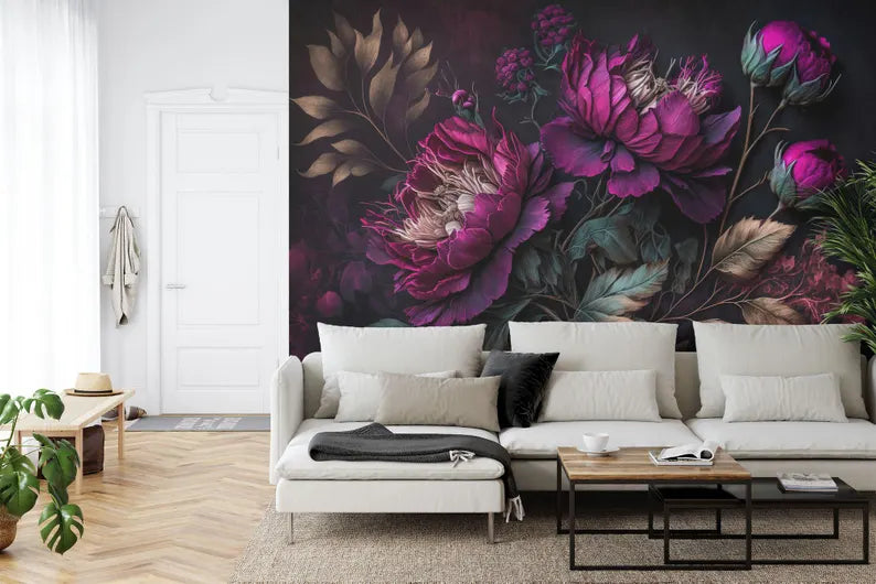 Peony Wallpaper Mural, Baroque Floral Wall Decal, Rich Deep Colors
