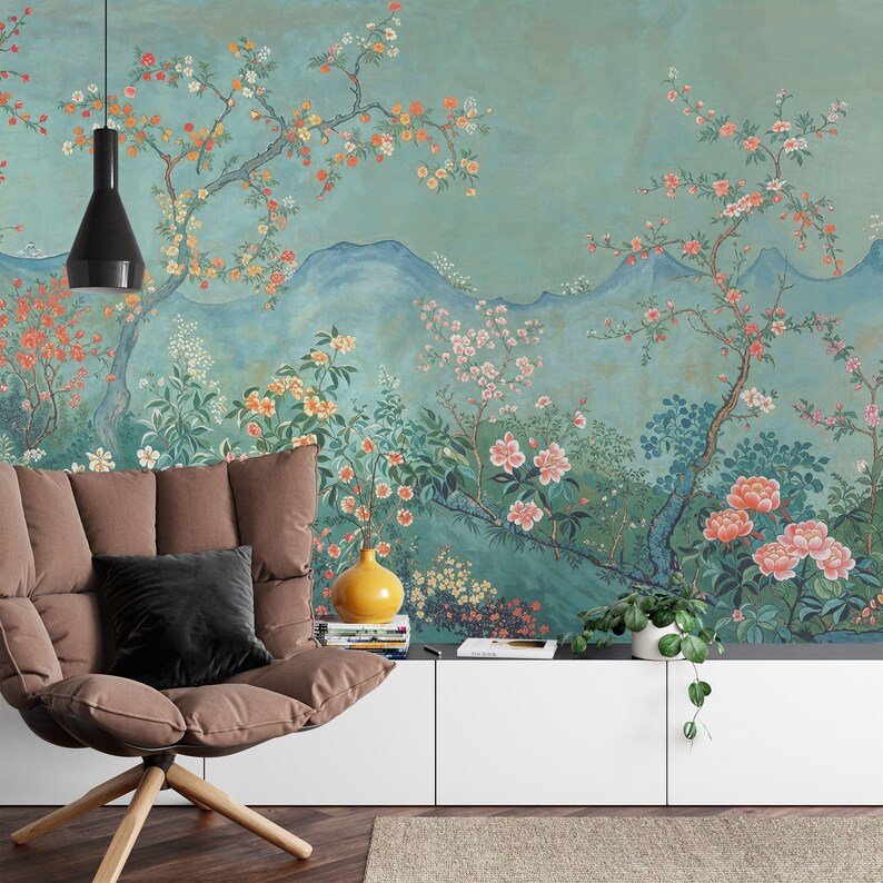 Chinoiserie Blossom Tree Wallpaper Mural – Japanese Mountain Art