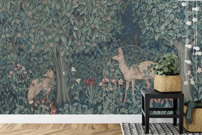 Premium deer wallpaper with William Morris botanical motifs in muted green tones
