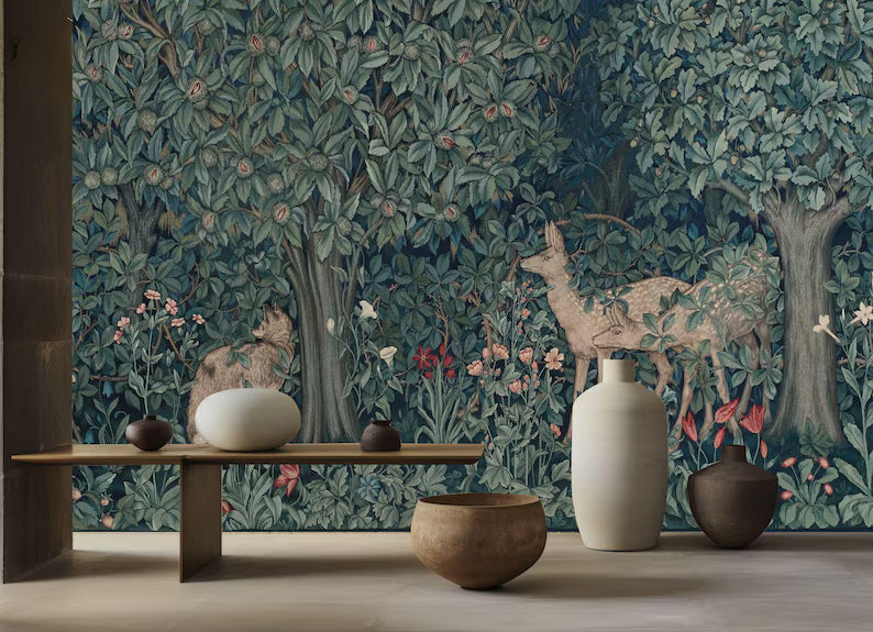 Peel and stick woodland deer wallpaper with Arts and Crafts movement inspired pattern
