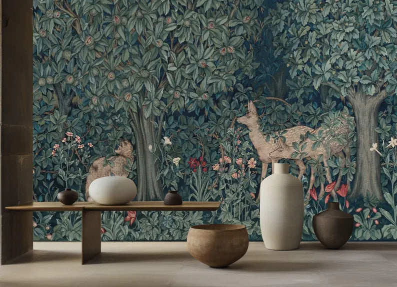 William Morris Woodland Deer Wallpaper Mural - Greenery