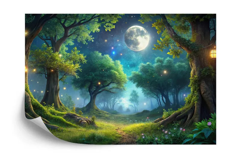 Moonlit Forest Wallpaper Mural, Firefly Twinkling Lights