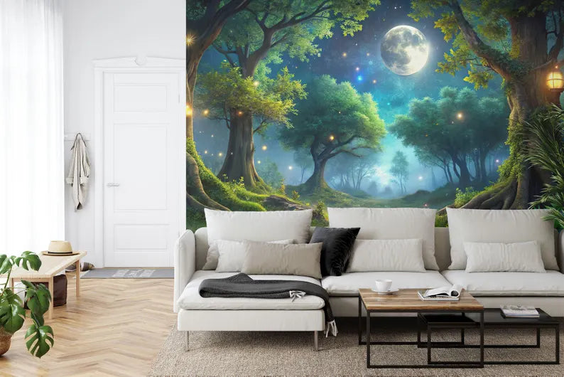 Moonlit Forest Wallpaper Mural, Firefly Twinkling Lights