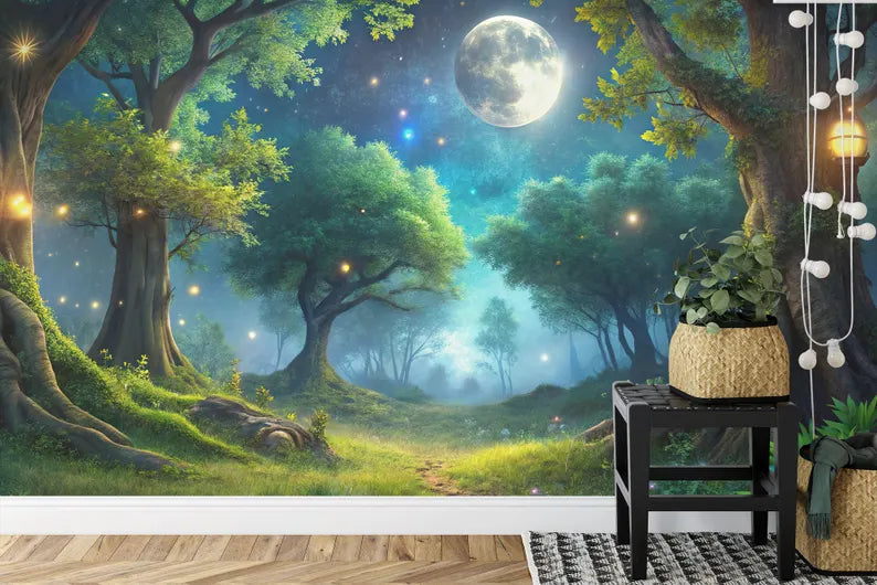 Moonlit Forest Wallpaper Mural, Firefly Twinkling Lights