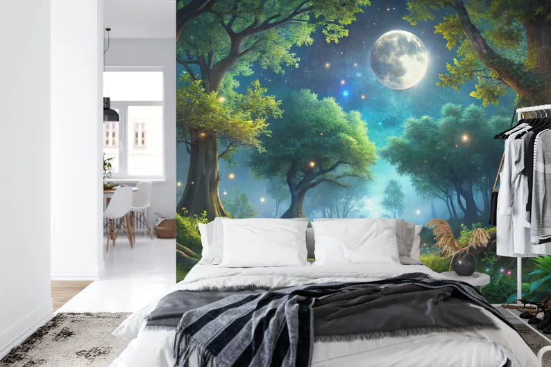 Moonlit Forest Wallpaper Mural, Firefly Twinkling Lights