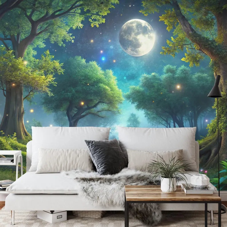 Moonlit Forest Wallpaper Mural, Firefly Twinkling Lights