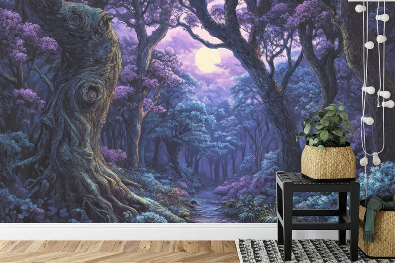 Fantasy Forest Wallpaper Mural, Purple Cyan Gift