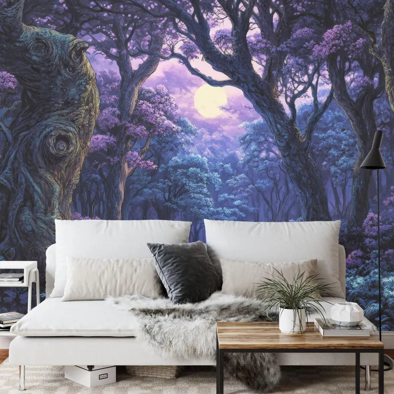Fantasy Forest Wallpaper Mural, Purple Cyan Gift