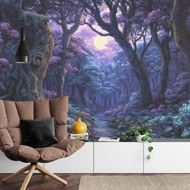 Fantasy Forest Wallpaper Mural, Purple Cyan Gift