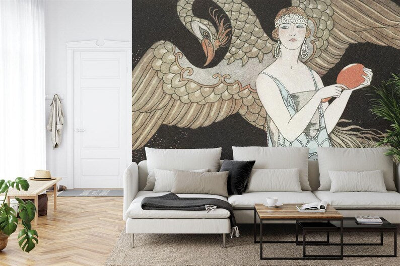 Art Deco Woman and Phoenix Wallpaper Mural Art Print