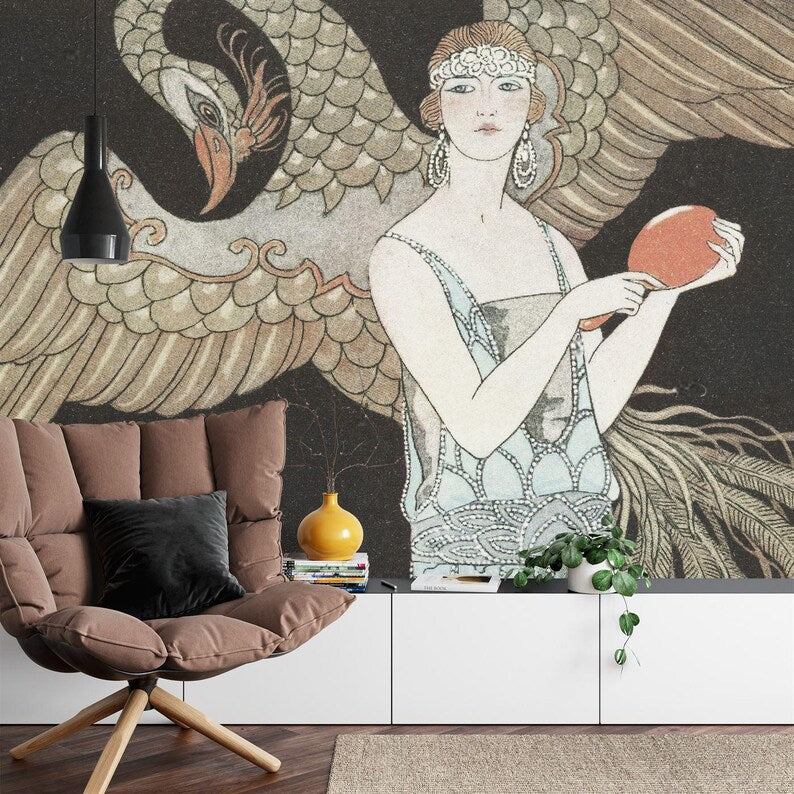 Art Deco Woman and Phoenix Wallpaper Mural Art Print